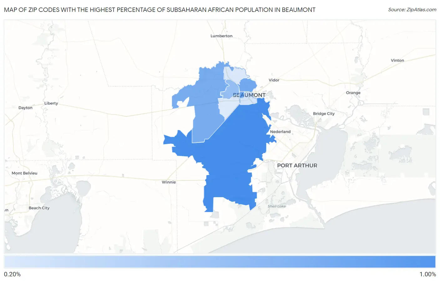 Zip Codes with the Highest Percentage of Subsaharan African Population in Beaumont Map