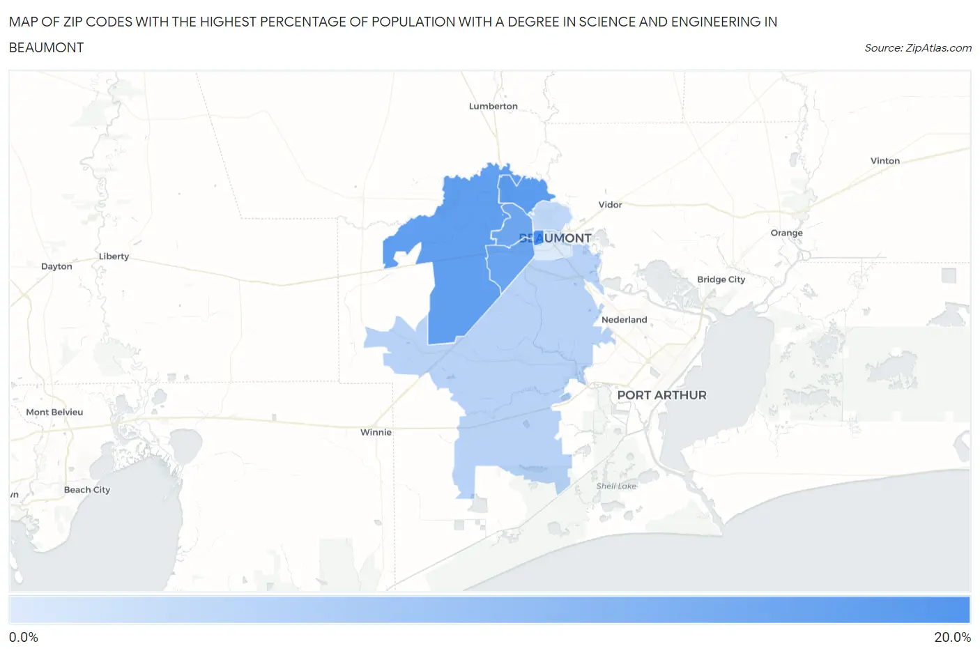 Zip Codes with the Highest Percentage of Population with a Degree in Science and Engineering in Beaumont Map