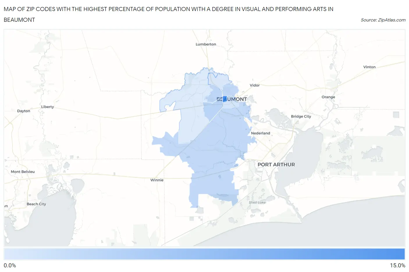 Zip Codes with the Highest Percentage of Population with a Degree in Visual and Performing Arts in Beaumont Map