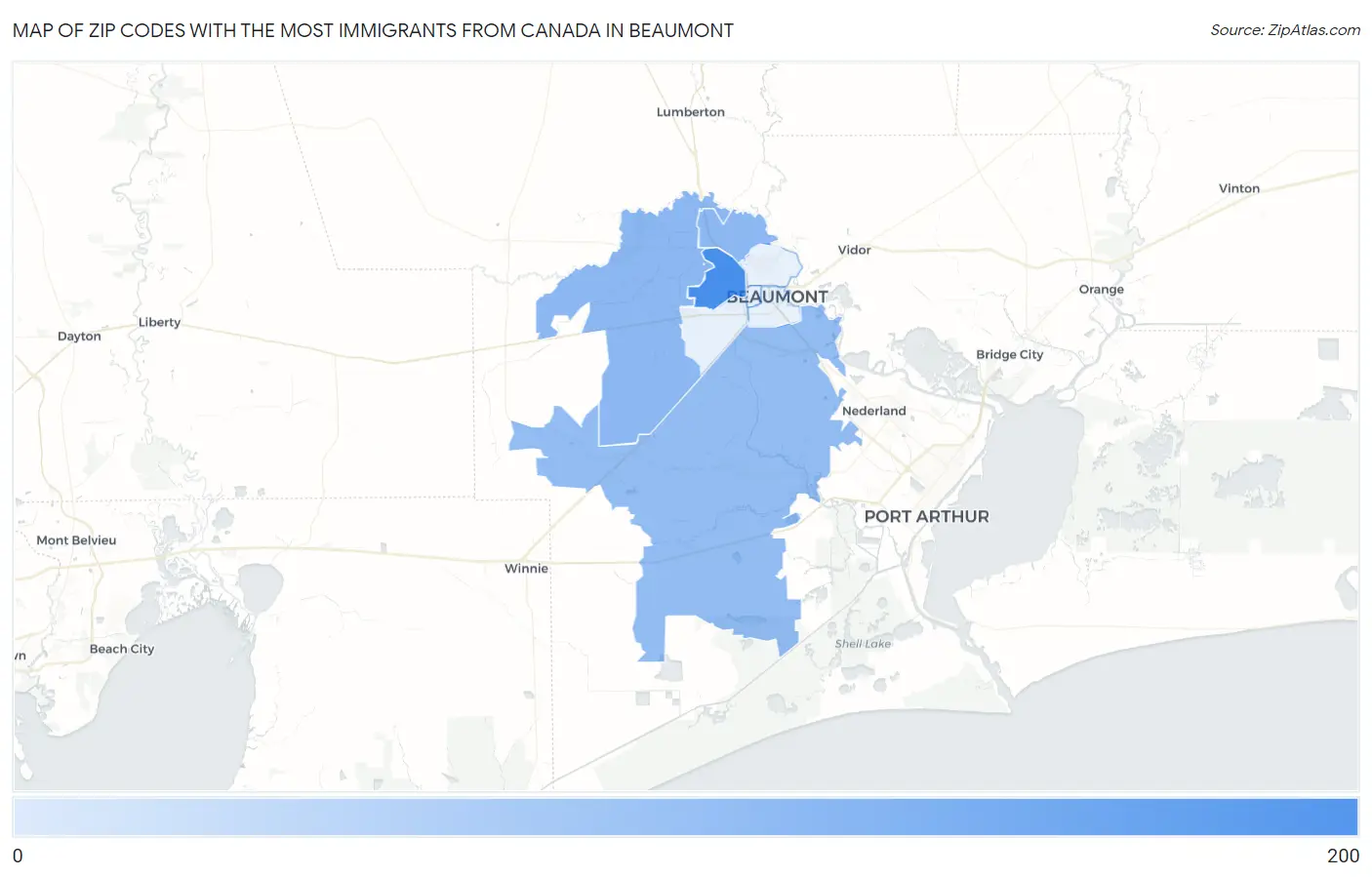 Zip Codes with the Most Immigrants from Canada in Beaumont Map