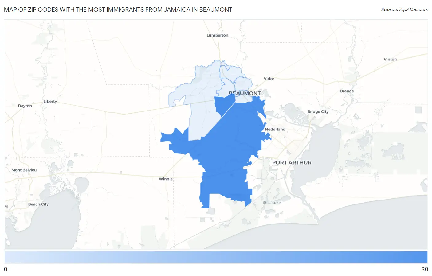 Zip Codes with the Most Immigrants from Jamaica in Beaumont Map