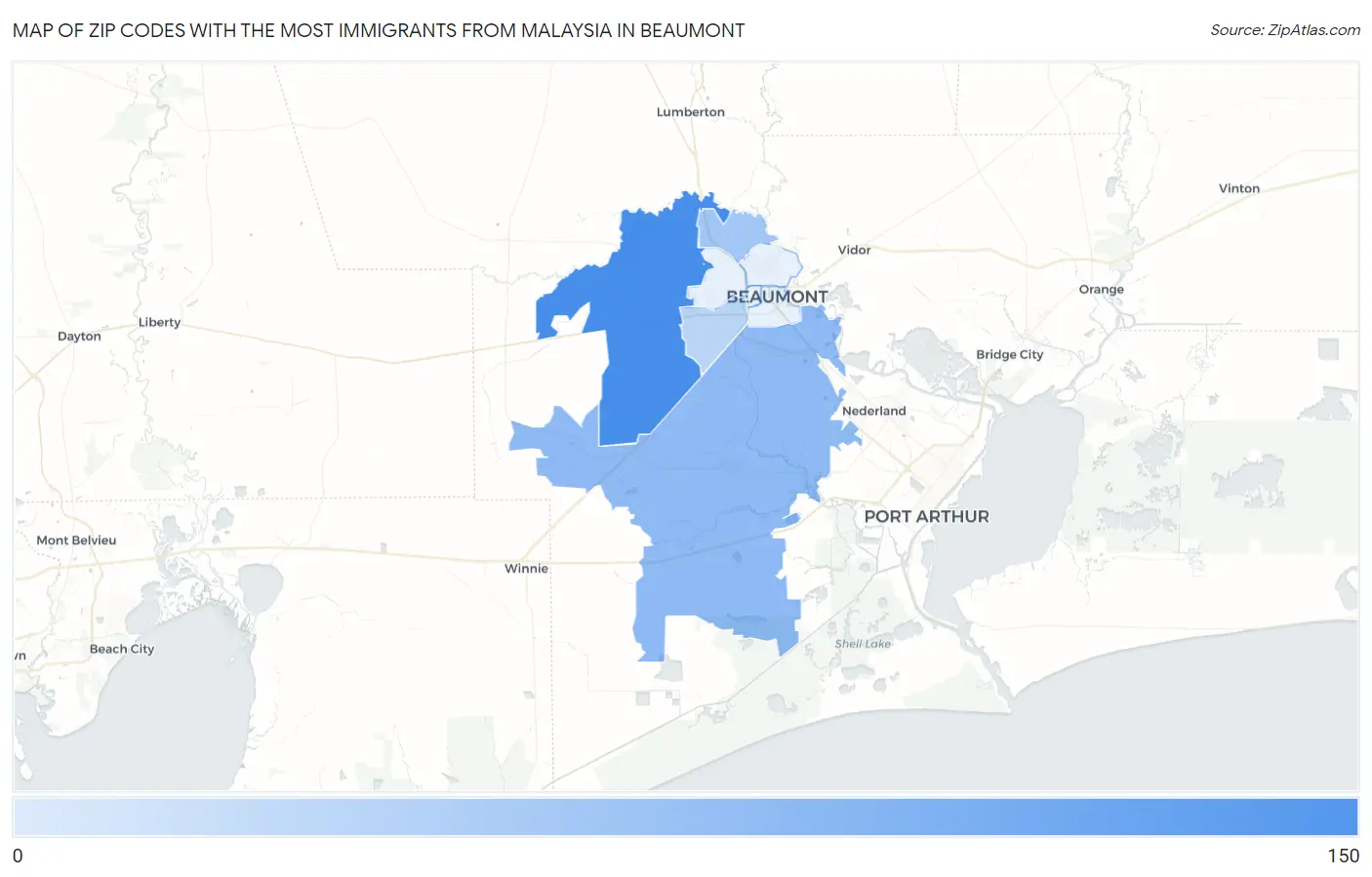 Zip Codes with the Most Immigrants from Malaysia in Beaumont Map