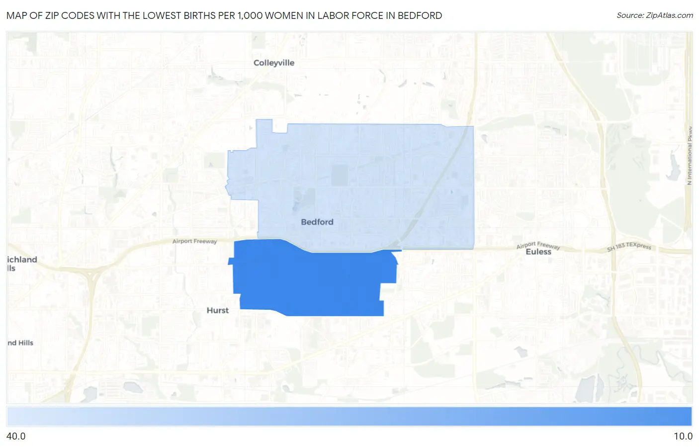 Zip Codes with the Lowest Births per 1,000 Women in Labor Force in Bedford Map