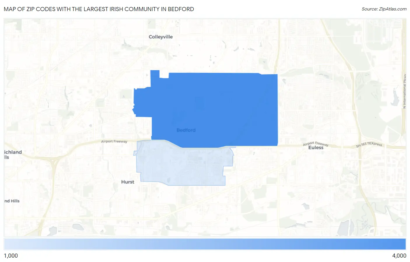 Zip Codes with the Largest Irish Community in Bedford Map