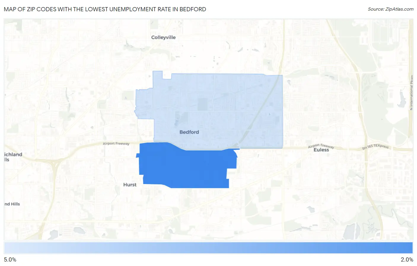 Zip Codes with the Lowest Unemployment Rate in Bedford Map