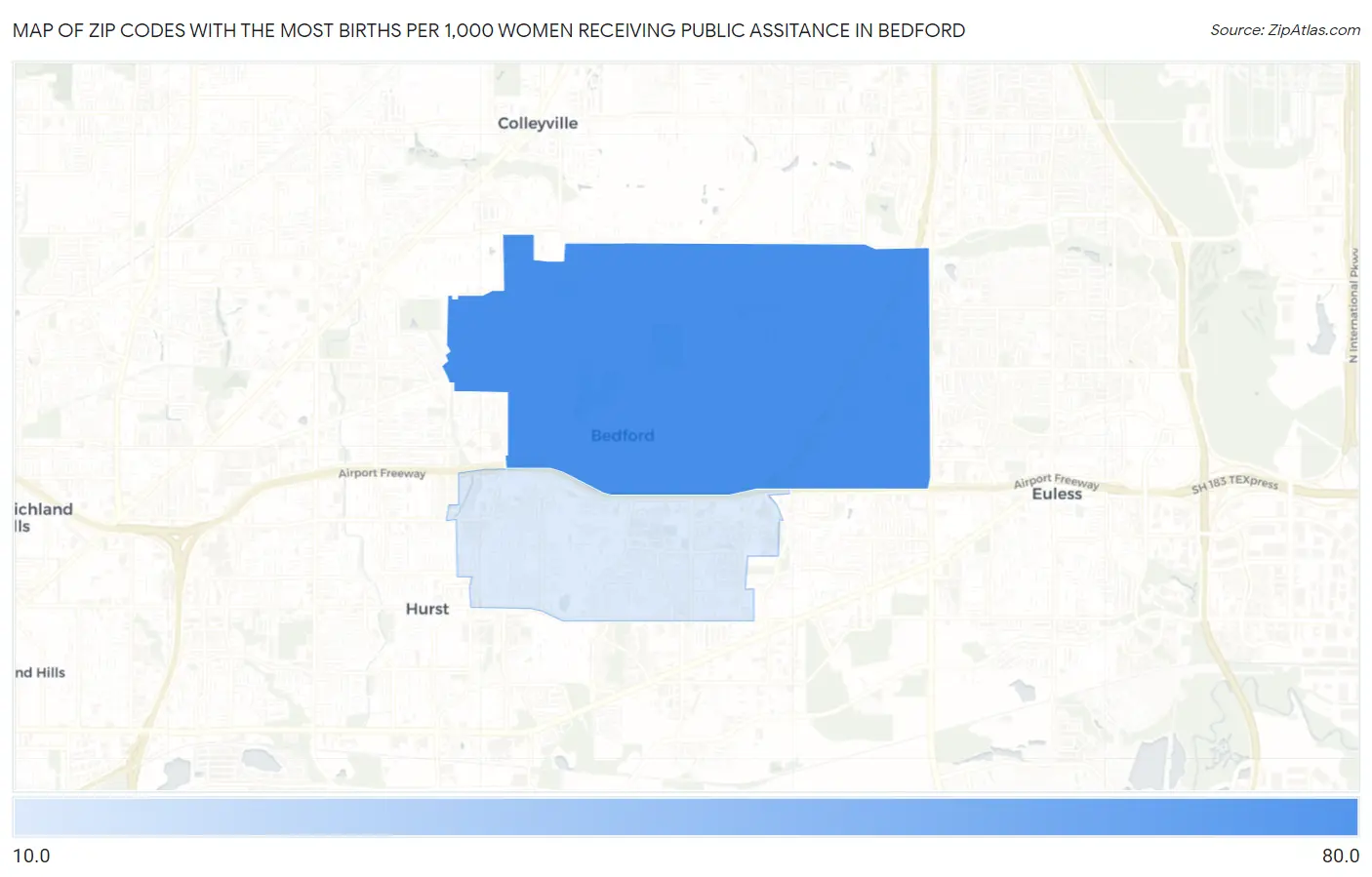 Zip Codes with the Most Births per 1,000 Women Receiving Public Assitance in Bedford Map