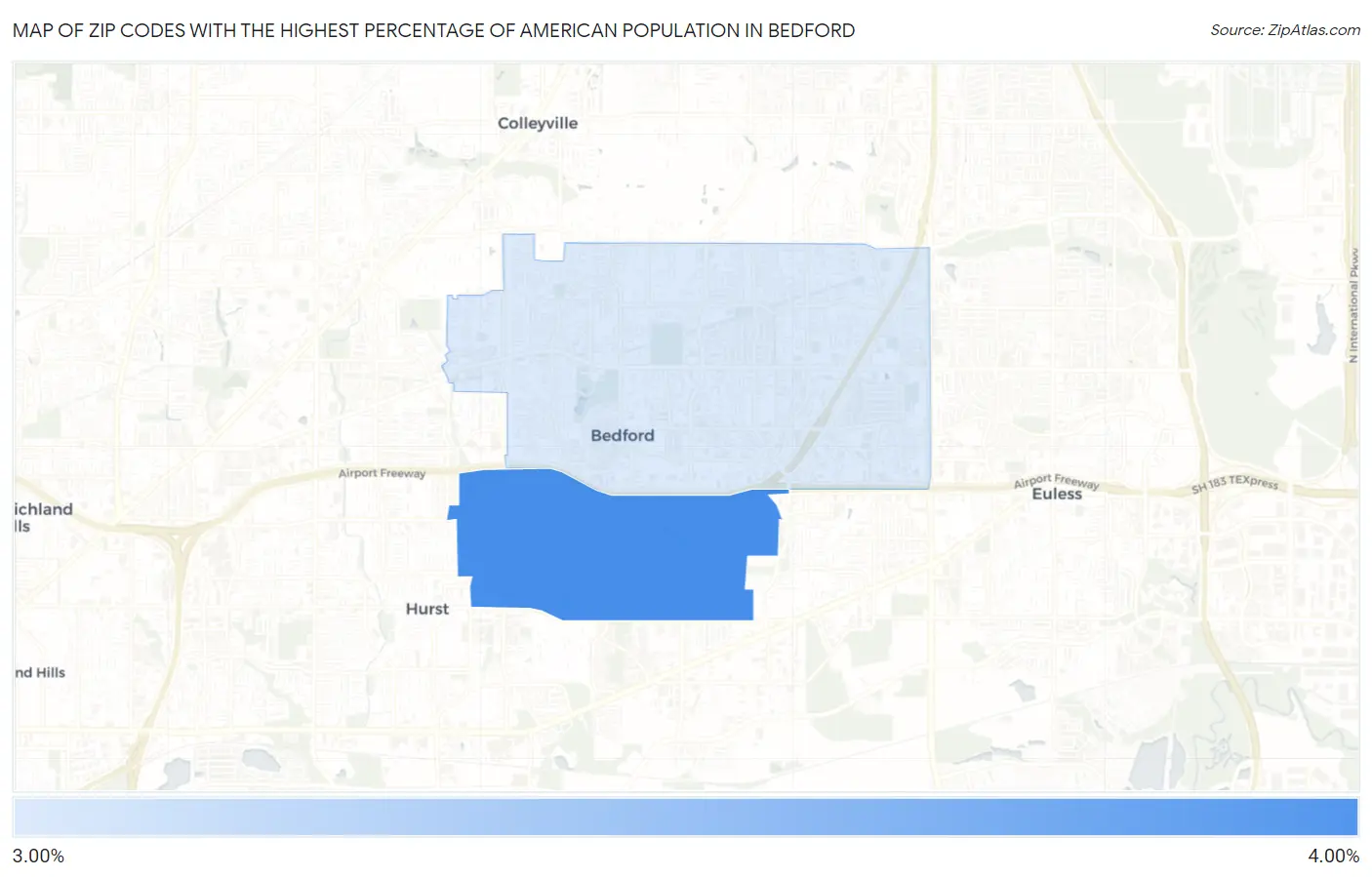 Zip Codes with the Highest Percentage of American Population in Bedford Map