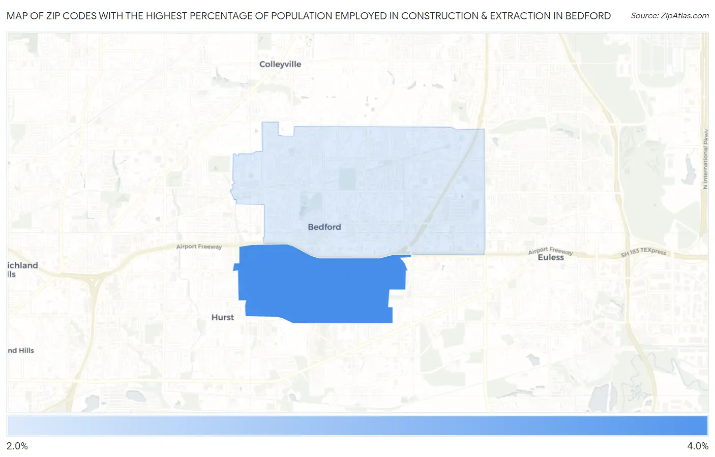 Zip Codes with the Highest Percentage of Population Employed in Construction & Extraction in Bedford Map