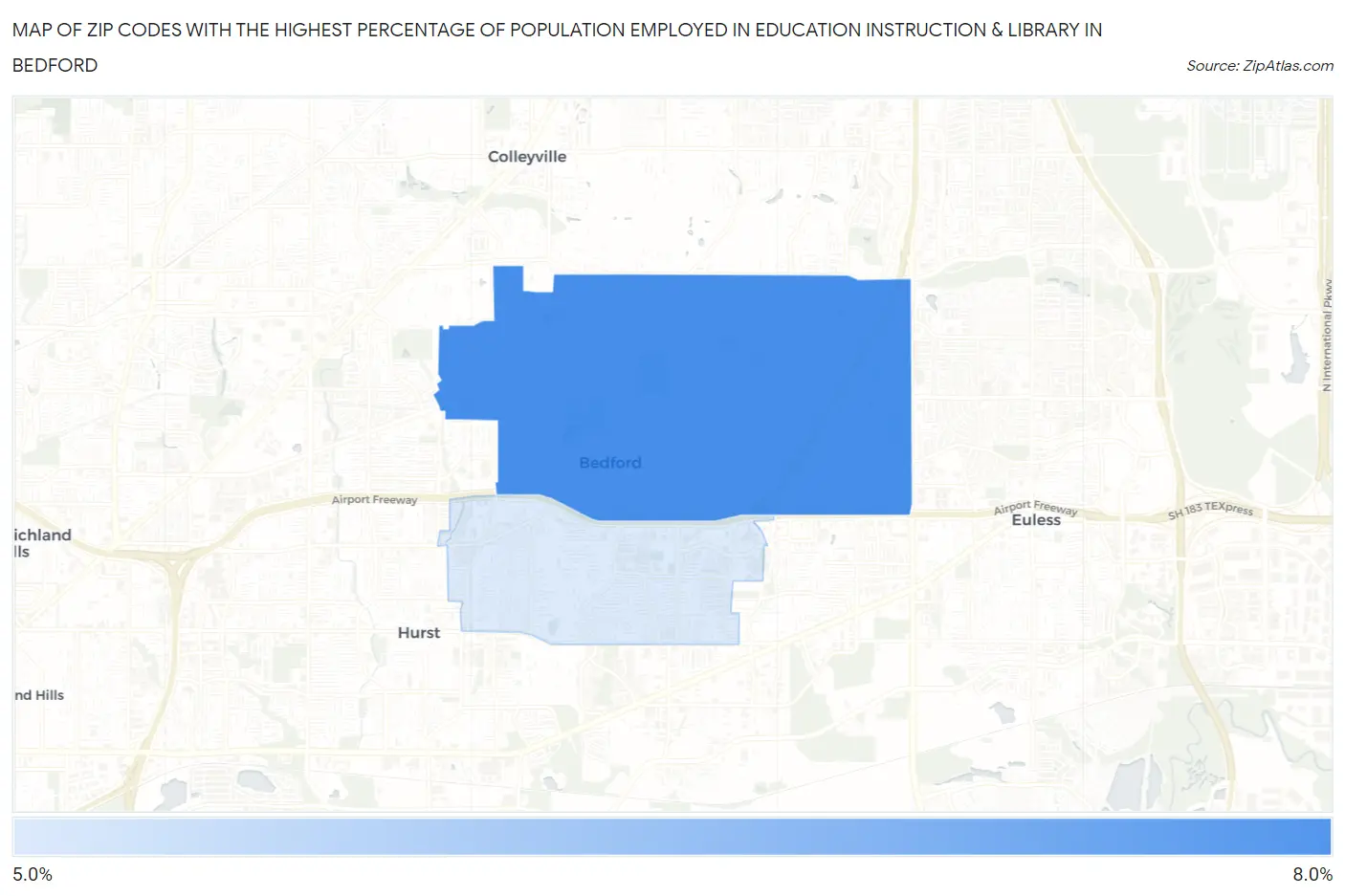 Zip Codes with the Highest Percentage of Population Employed in Education Instruction & Library in Bedford Map