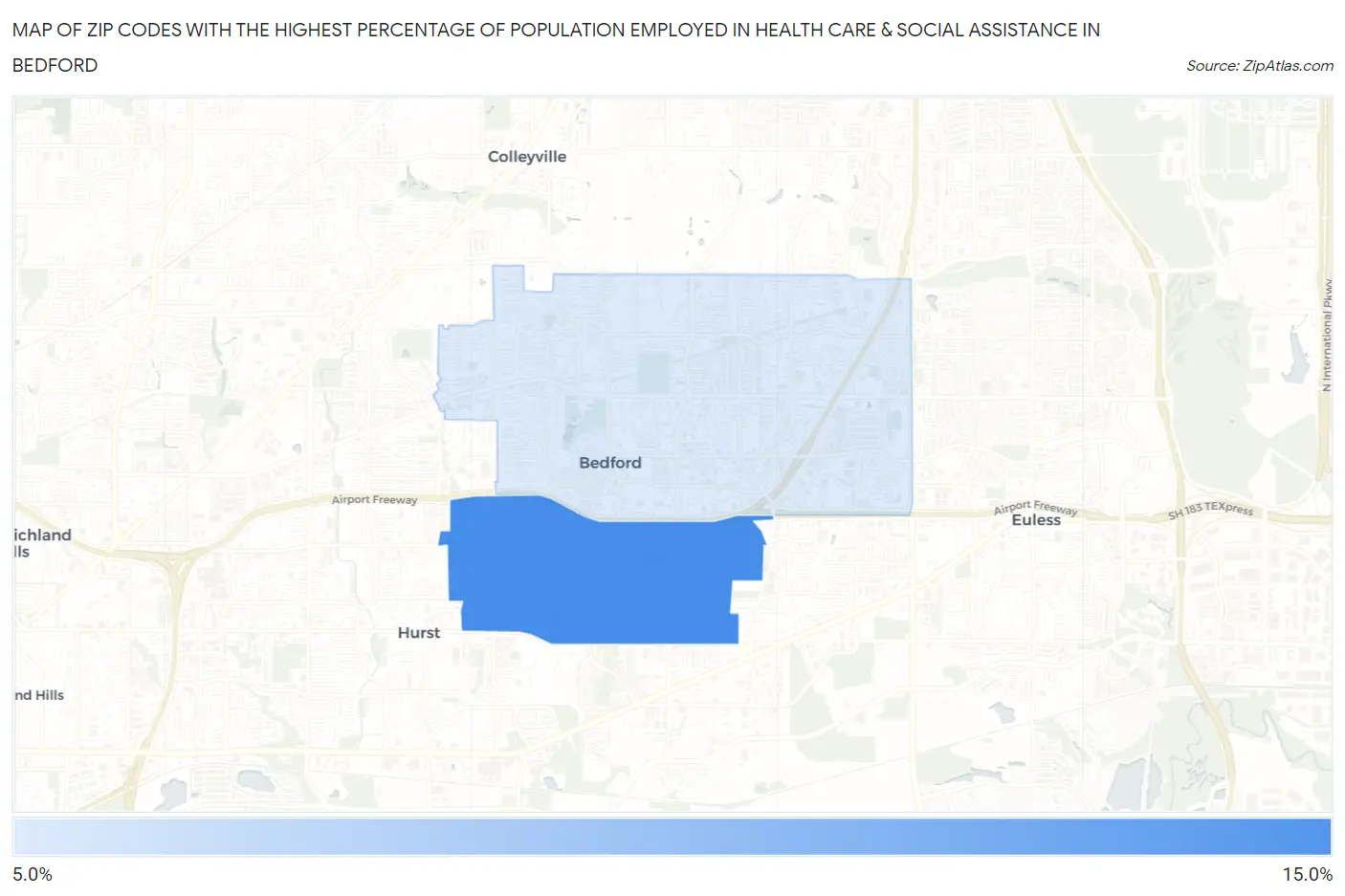 Zip Codes with the Highest Percentage of Population Employed in Health Care & Social Assistance in Bedford Map