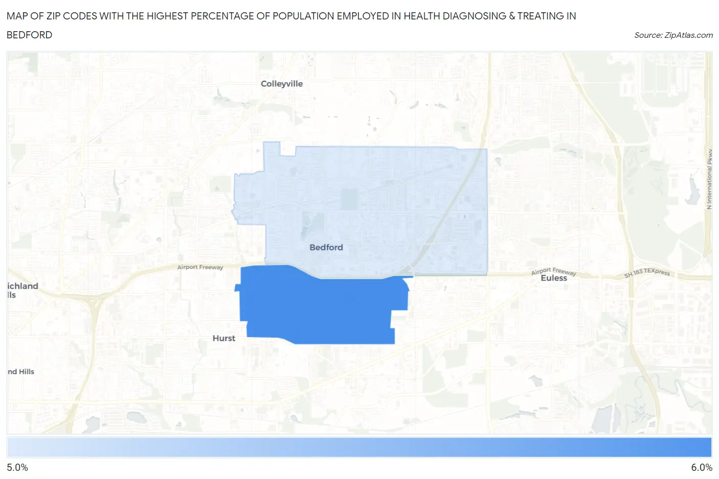 Zip Codes with the Highest Percentage of Population Employed in Health Diagnosing & Treating in Bedford Map