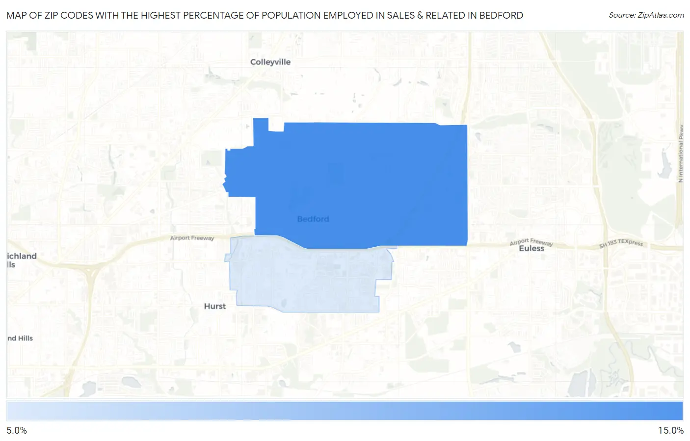 Zip Codes with the Highest Percentage of Population Employed in Sales & Related in Bedford Map