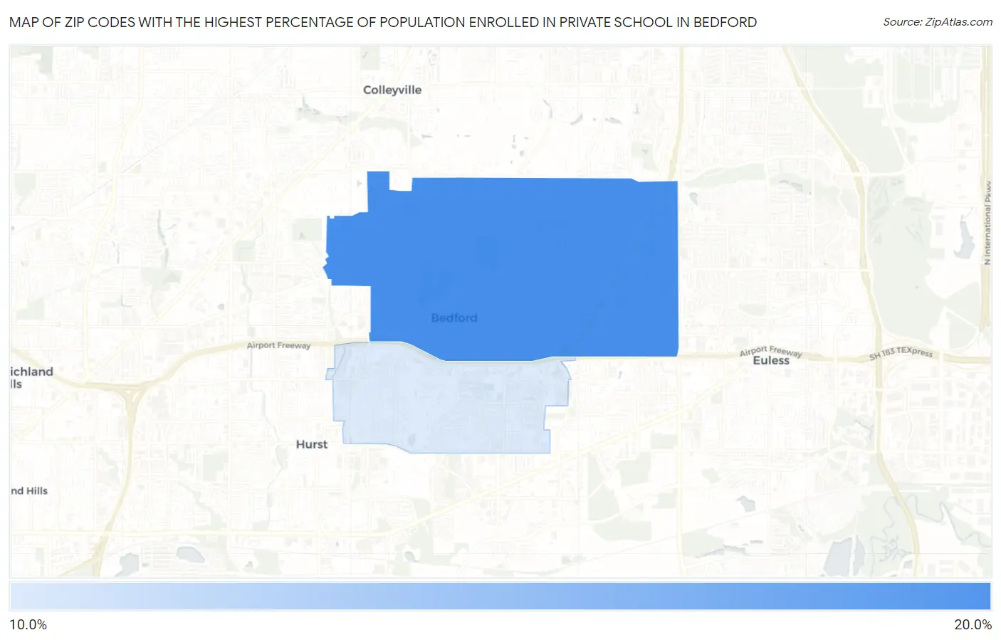 Zip Codes with the Highest Percentage of Population Enrolled in Private School in Bedford Map