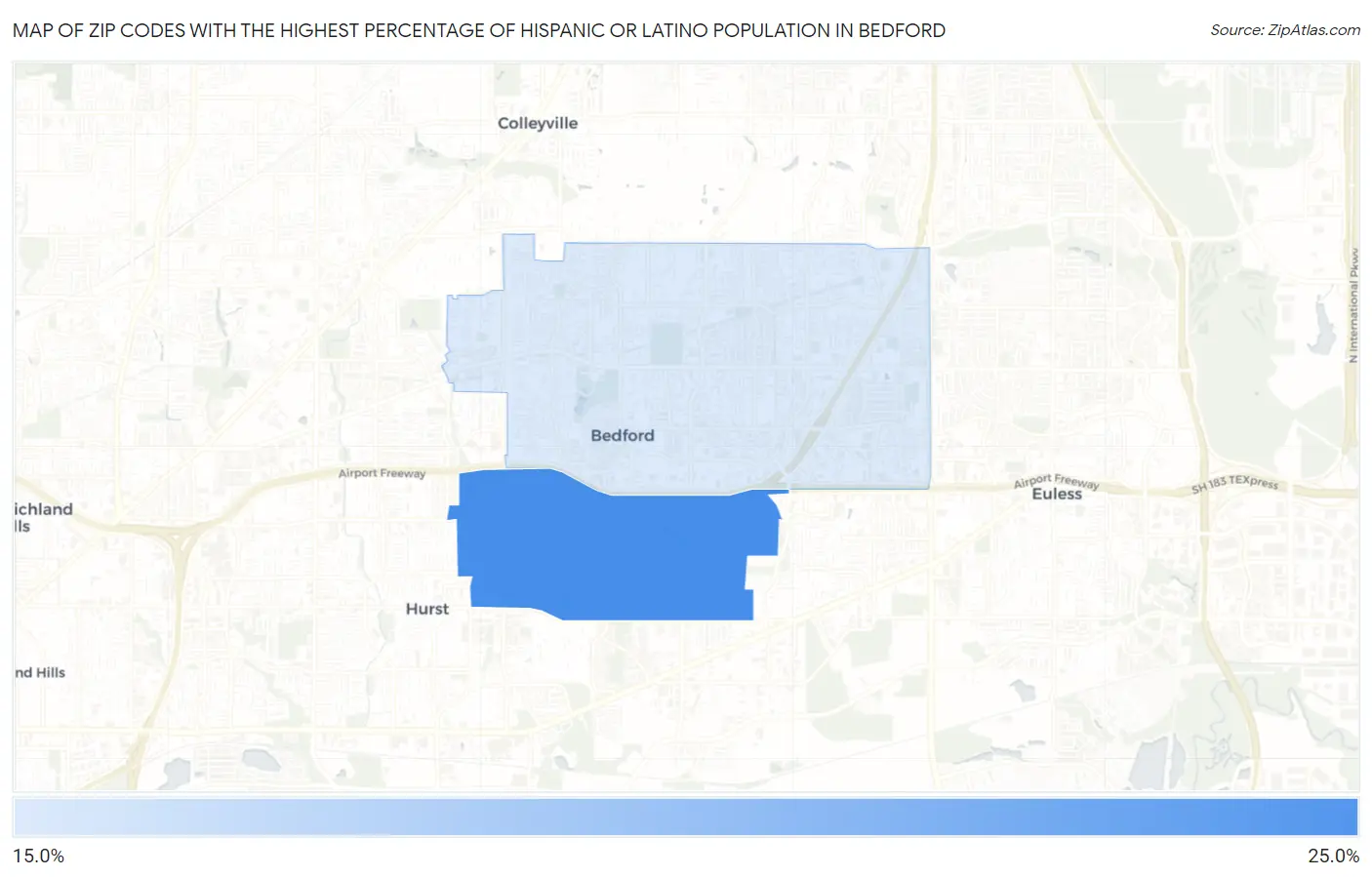 Zip Codes with the Highest Percentage of Hispanic or Latino Population in Bedford Map