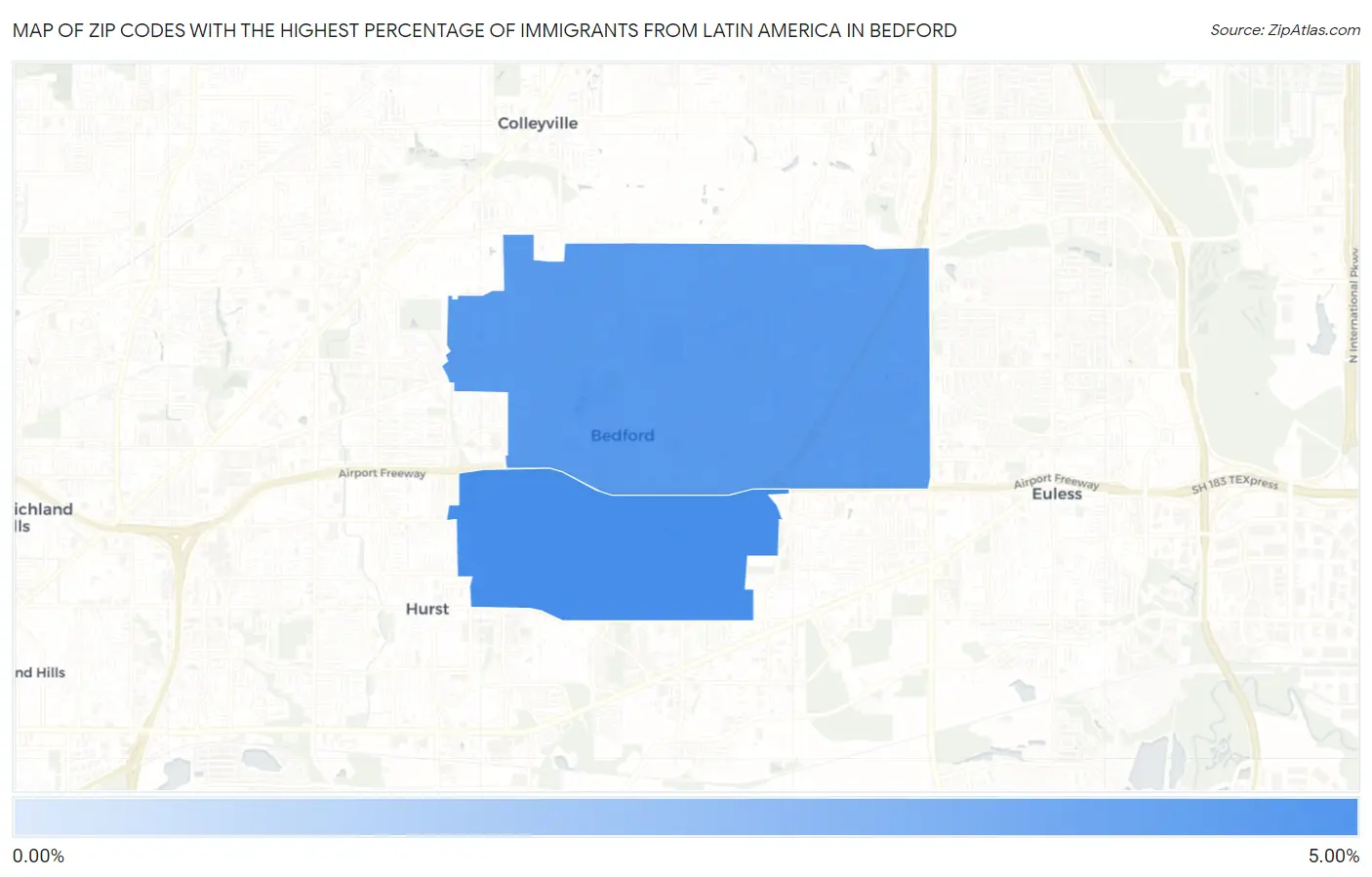 Zip Codes with the Highest Percentage of Immigrants from Latin America in Bedford Map