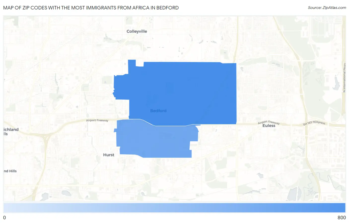 Zip Codes with the Most Immigrants from Africa in Bedford Map