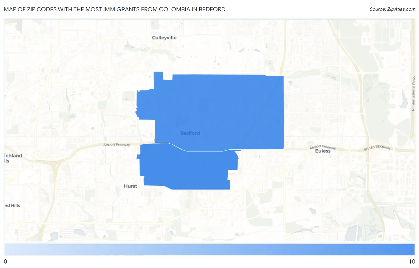 Zip Codes with the Most Immigrants from Colombia in Bedford Map