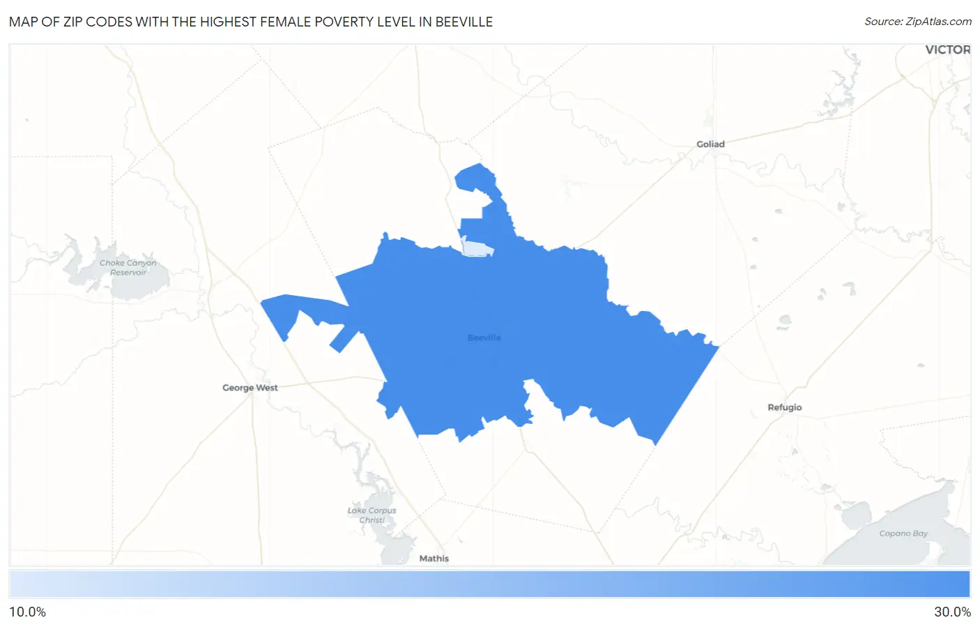 Zip Codes with the Highest Female Poverty Level in Beeville Map