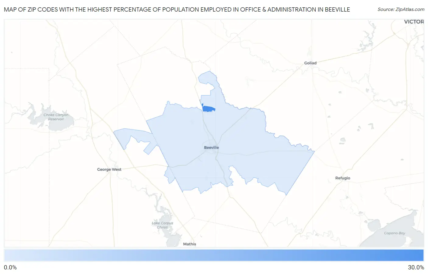 Zip Codes with the Highest Percentage of Population Employed in Office & Administration in Beeville Map