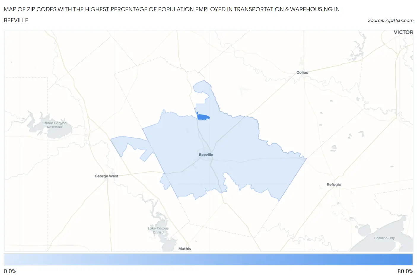 Zip Codes with the Highest Percentage of Population Employed in Transportation & Warehousing in Beeville Map