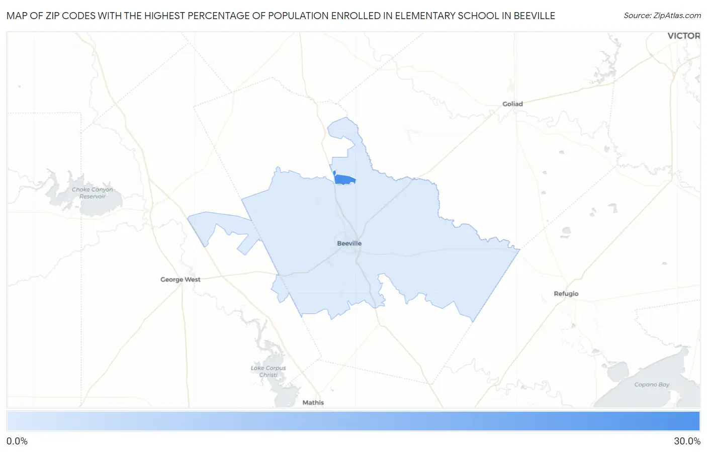 Zip Codes with the Highest Percentage of Population Enrolled in Elementary School in Beeville Map