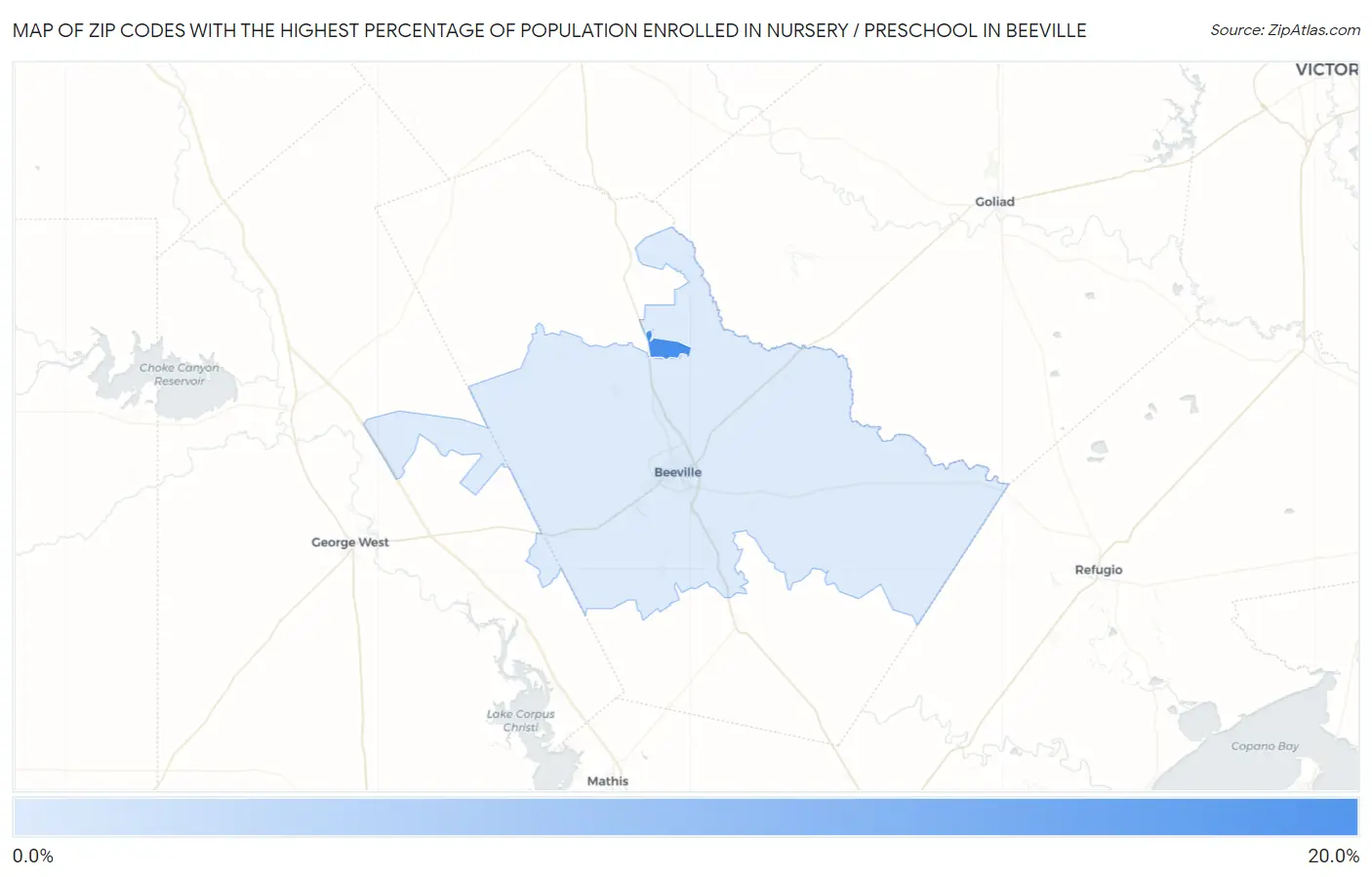 Zip Codes with the Highest Percentage of Population Enrolled in Nursery / Preschool in Beeville Map