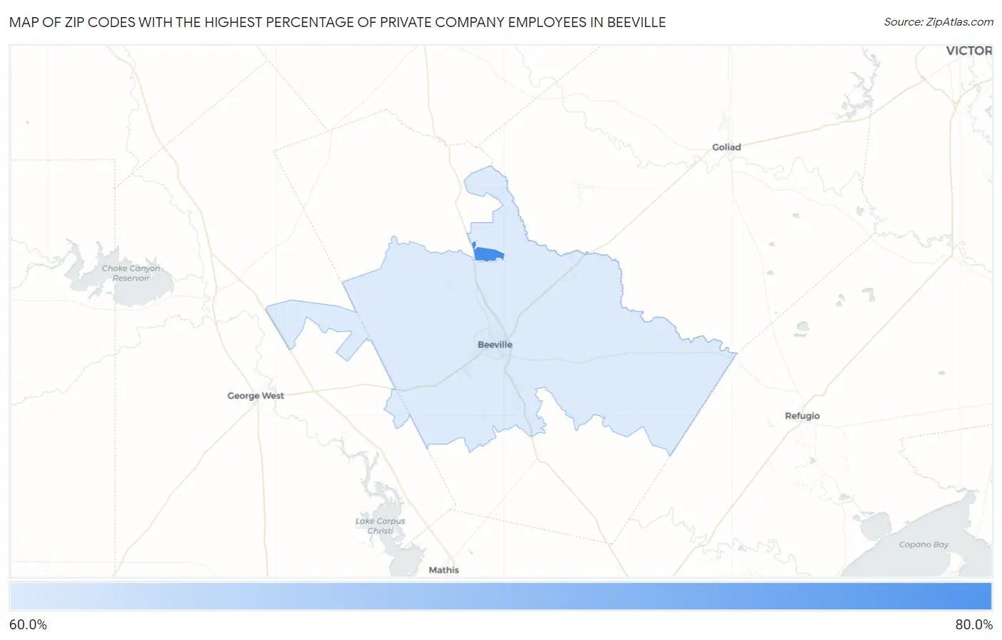 Zip Codes with the Highest Percentage of Private Company Employees in Beeville Map