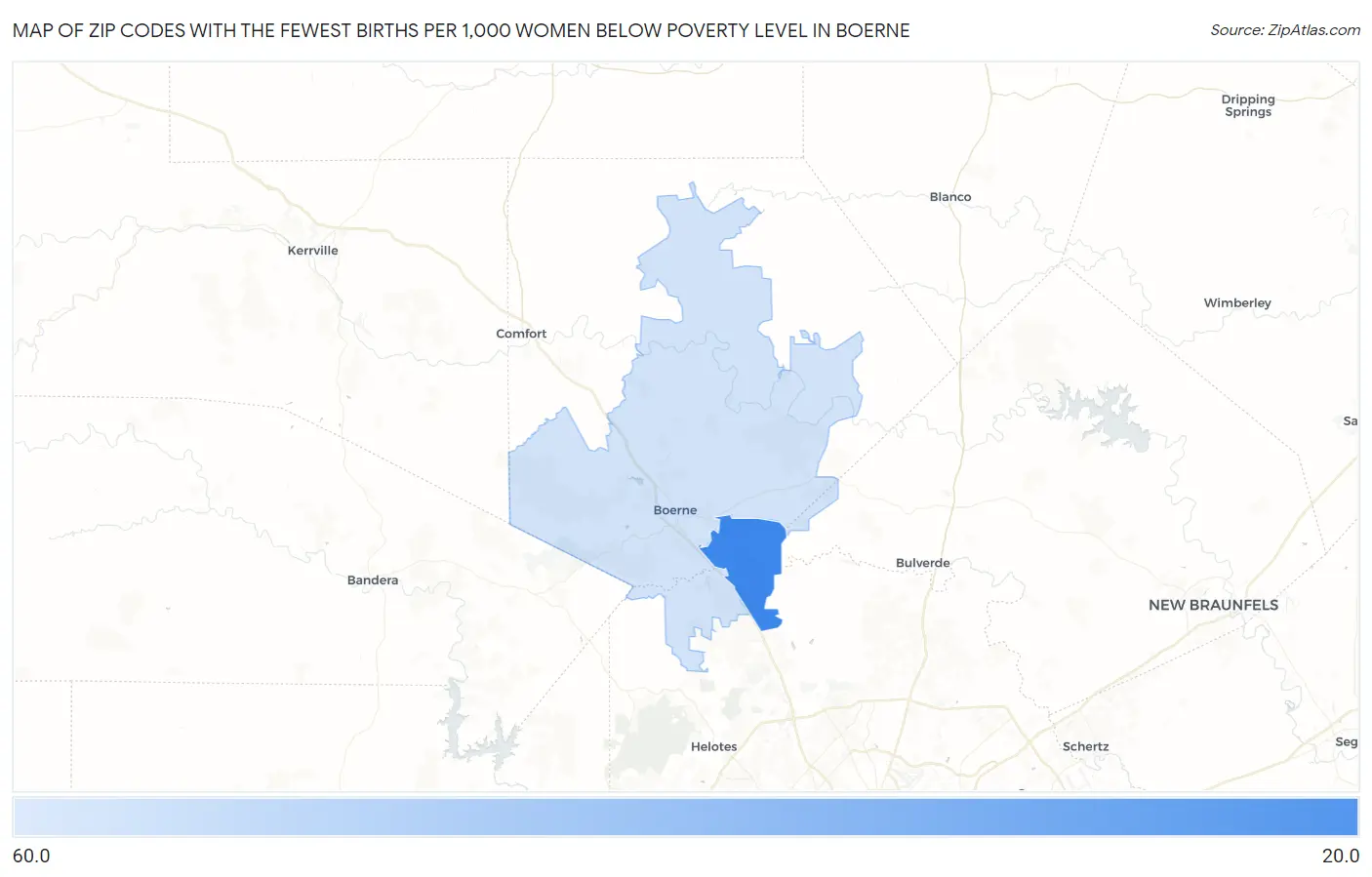 Zip Codes with the Fewest Births per 1,000 Women Below Poverty Level in Boerne Map
