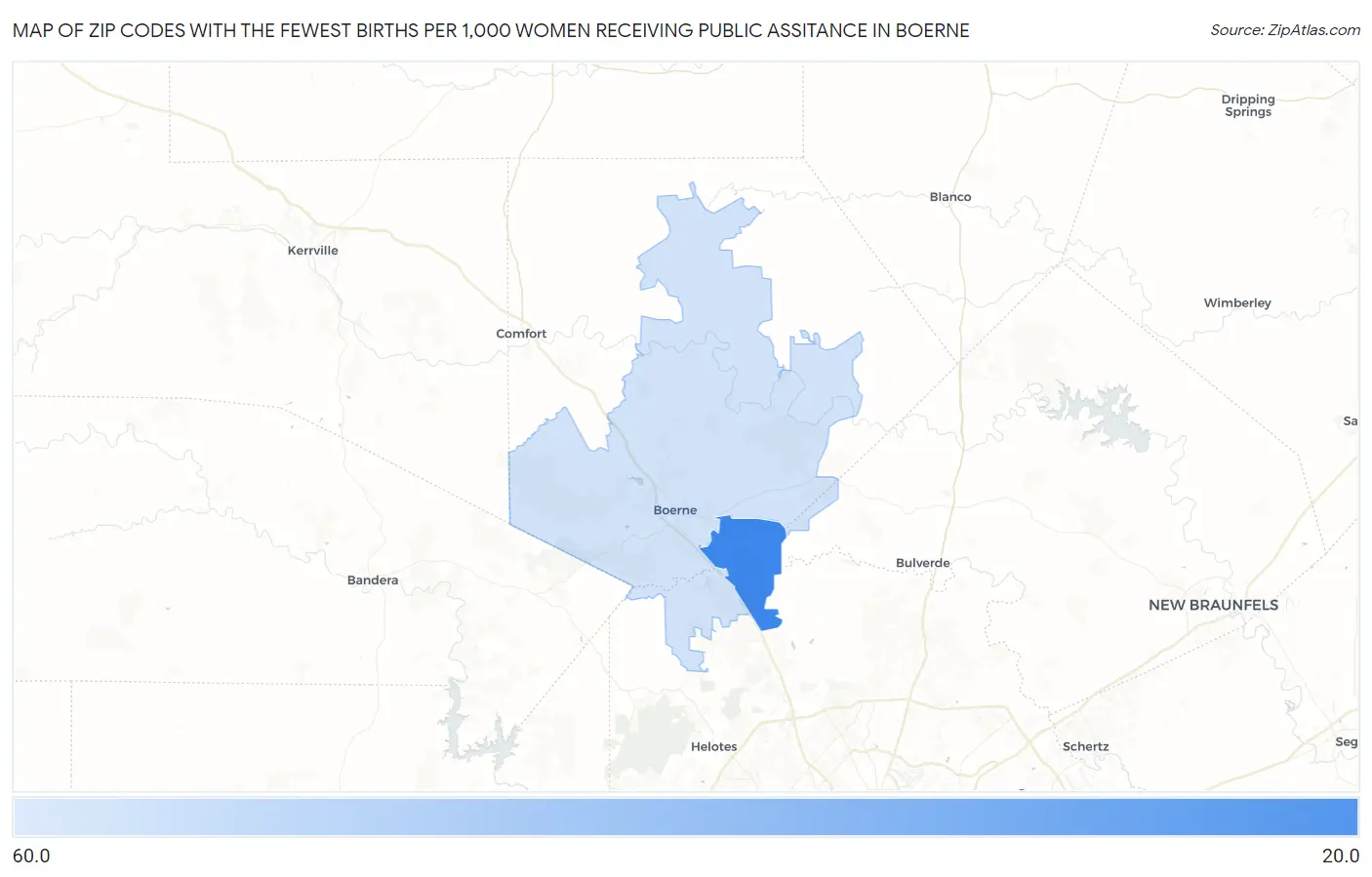 Zip Codes with the Fewest Births per 1,000 Women Receiving Public Assitance in Boerne Map