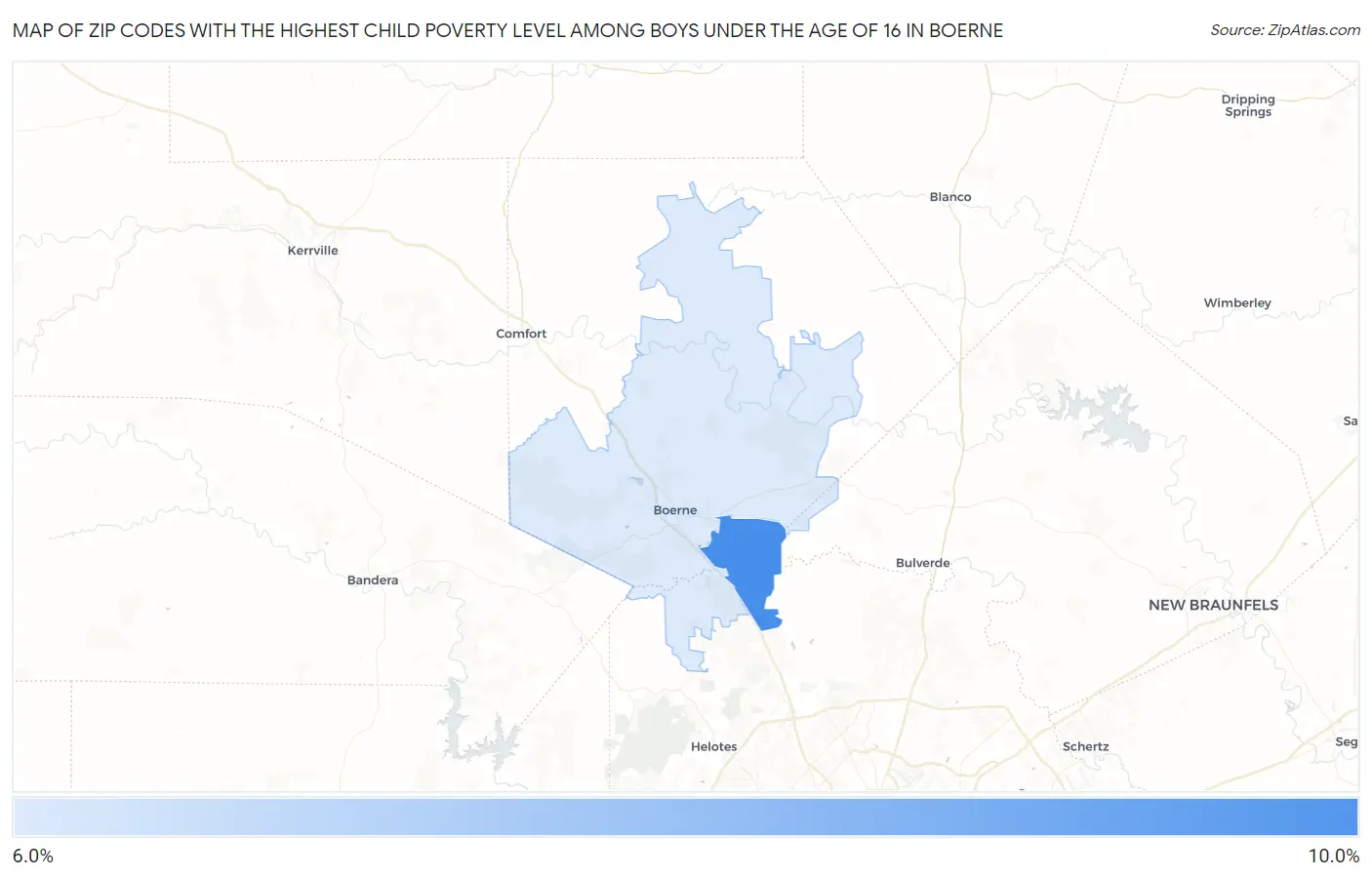Zip Codes with the Highest Child Poverty Level Among Boys Under the Age of 16 in Boerne Map