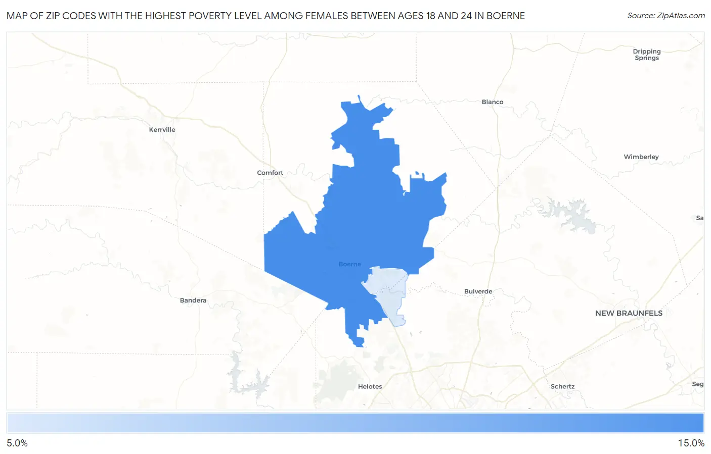 Zip Codes with the Highest Poverty Level Among Females Between Ages 18 and 24 in Boerne Map