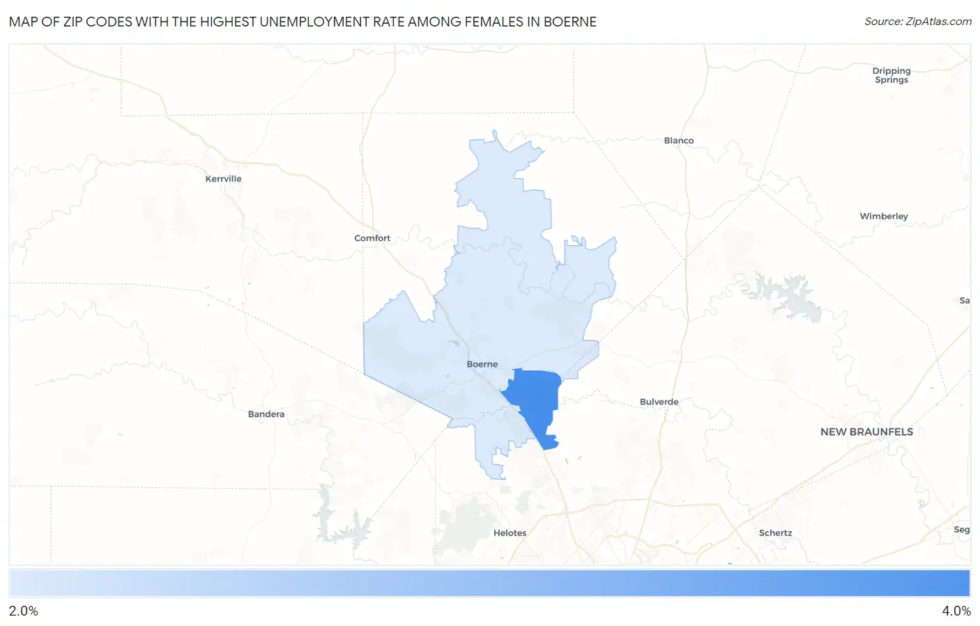 Zip Codes with the Highest Unemployment Rate Among Females in Boerne Map