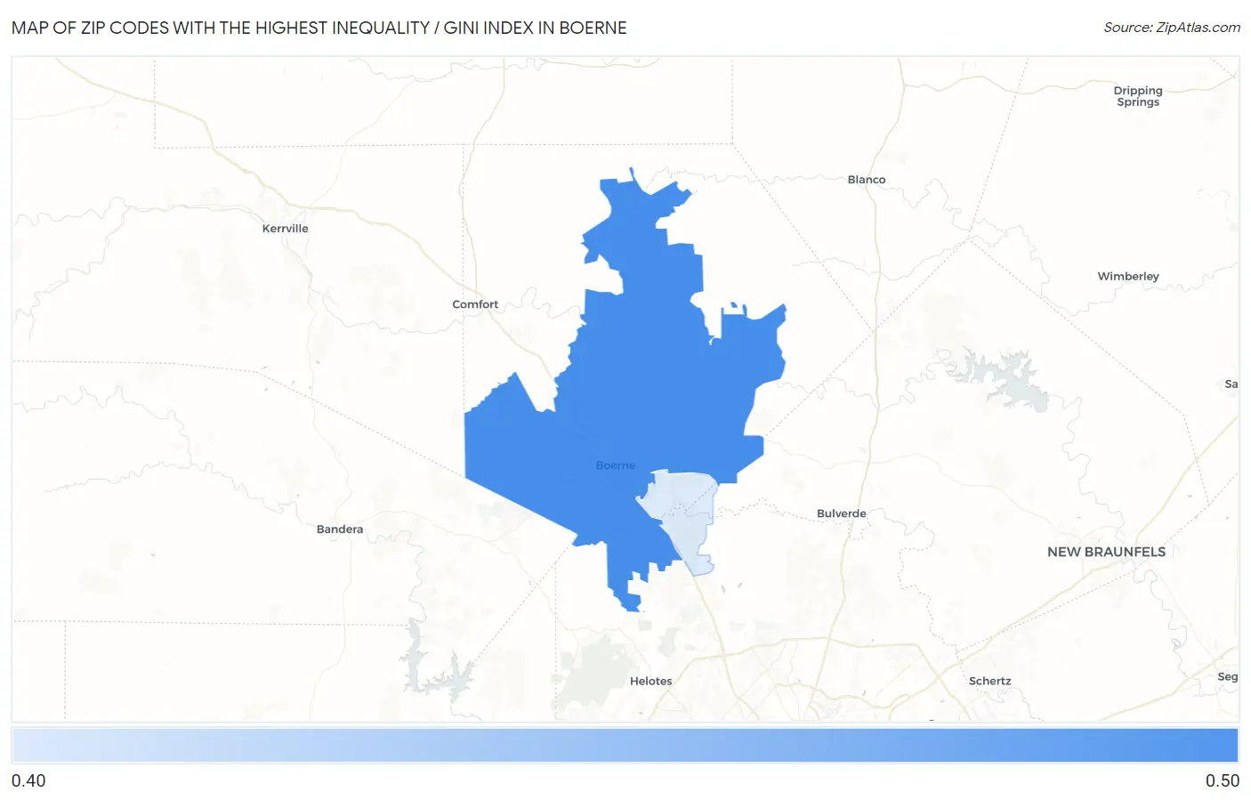 Zip Codes with the Highest Inequality / Gini Index in Boerne Map