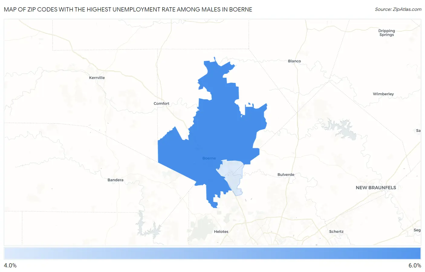 Zip Codes with the Highest Unemployment Rate Among Males in Boerne Map
