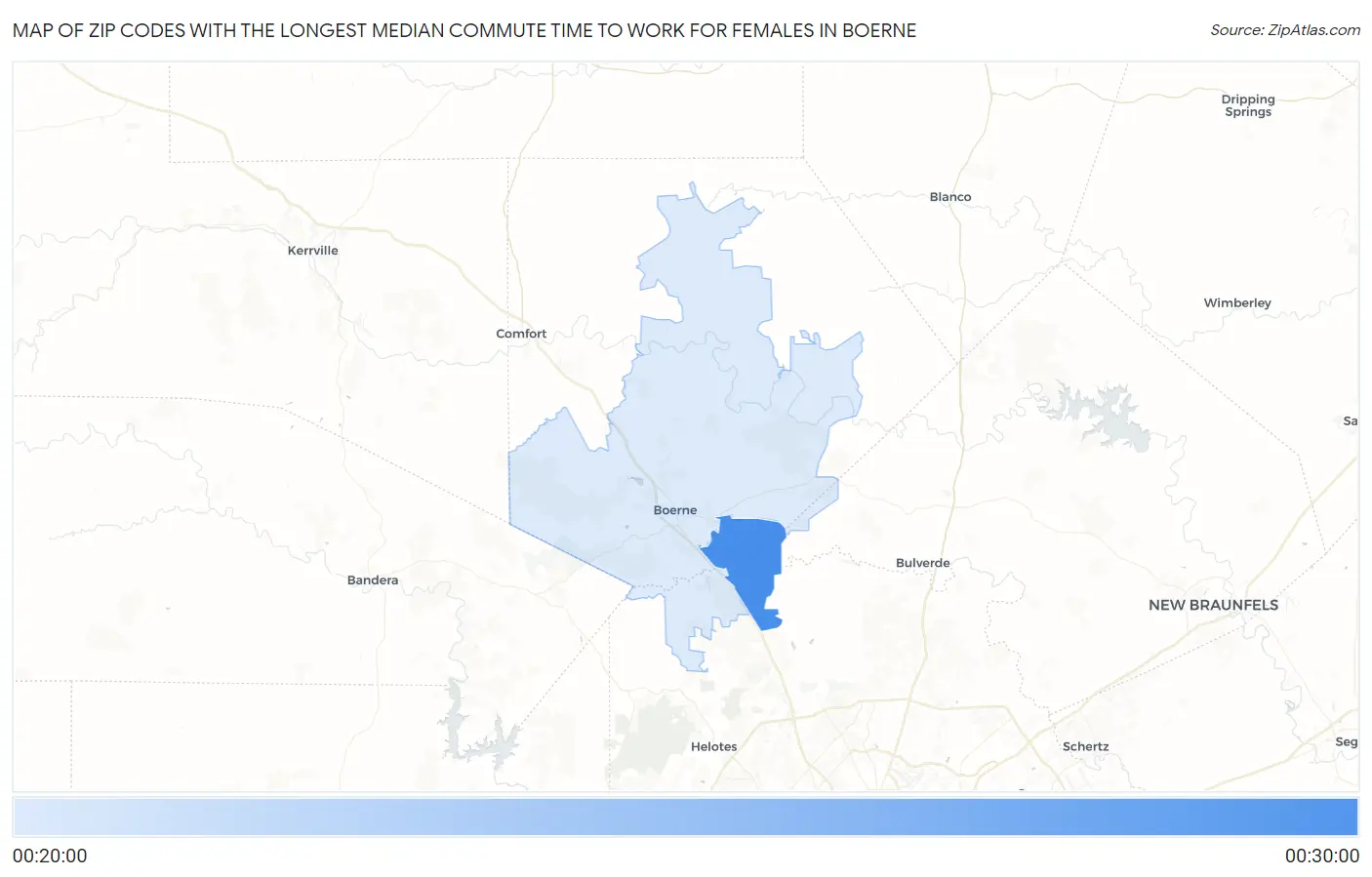 Zip Codes with the Longest Median Commute Time to Work for Females in Boerne Map
