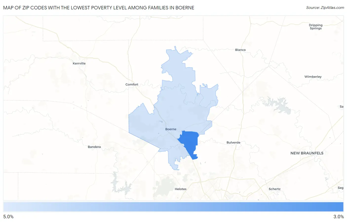Zip Codes with the Lowest Poverty Level Among Families in Boerne Map