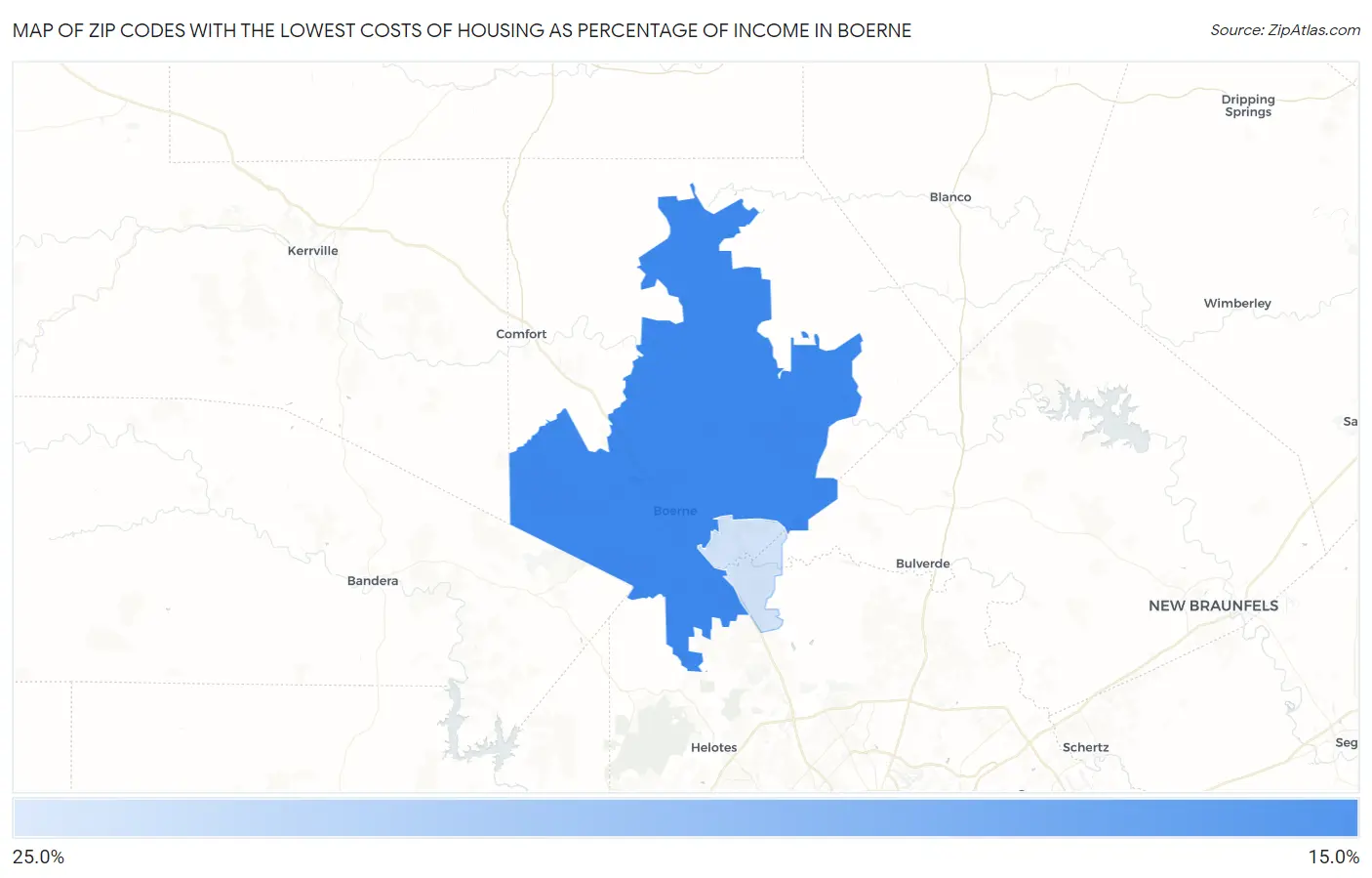 Zip Codes with the Lowest Costs of Housing as Percentage of Income in Boerne Map