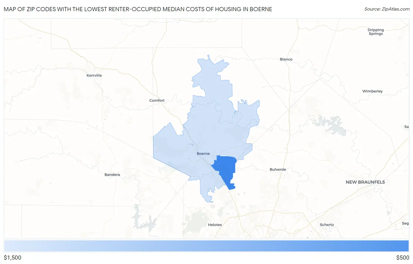 Zip Codes with the Lowest Renter-Occupied Median Costs of Housing in Boerne Map