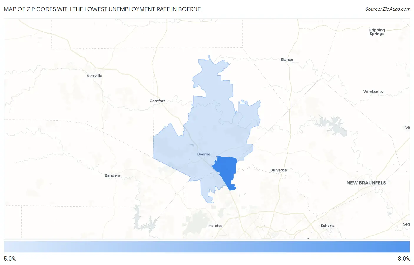 Zip Codes with the Lowest Unemployment Rate in Boerne Map