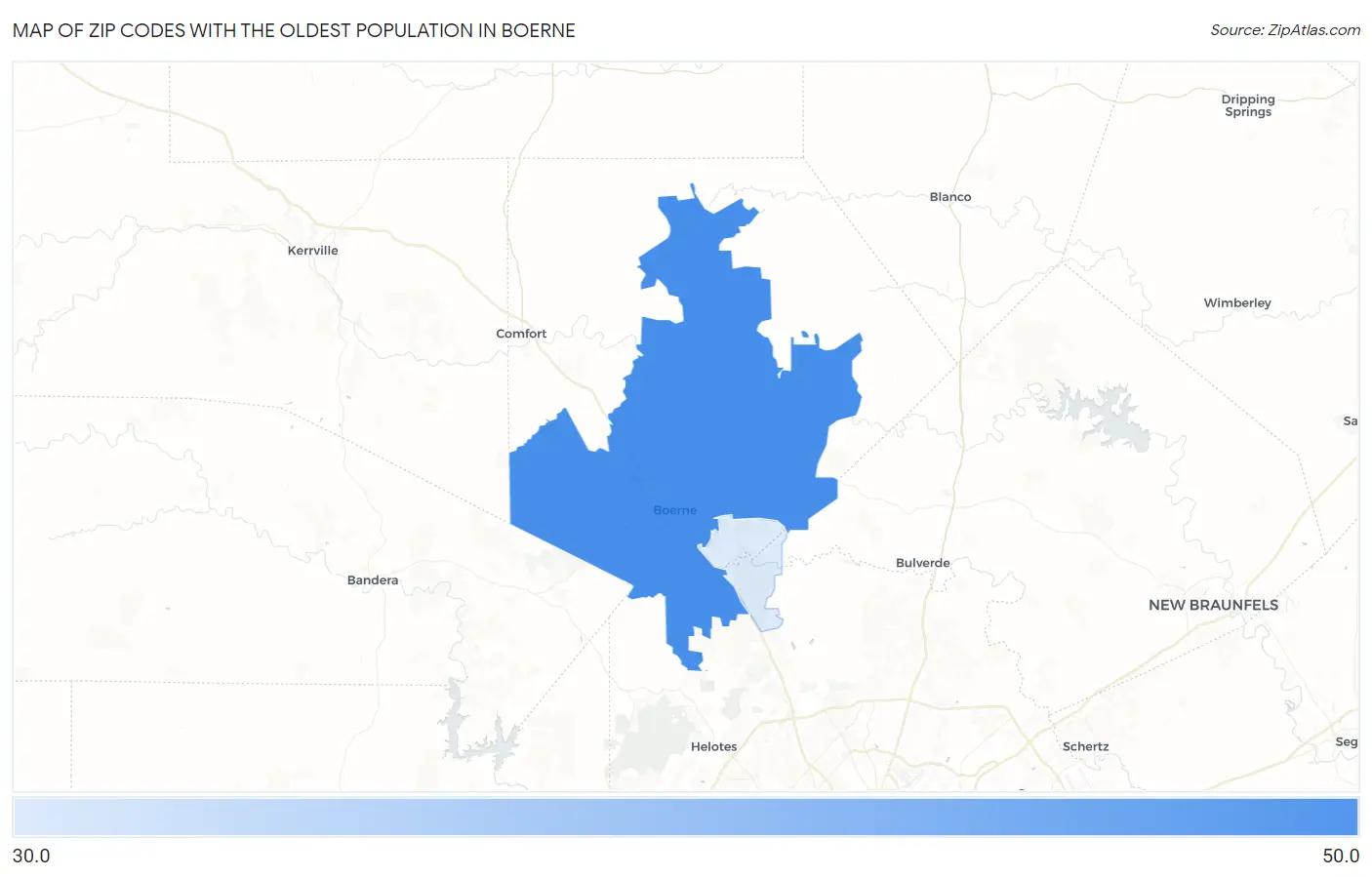 Zip Codes with the Oldest Population in Boerne Map