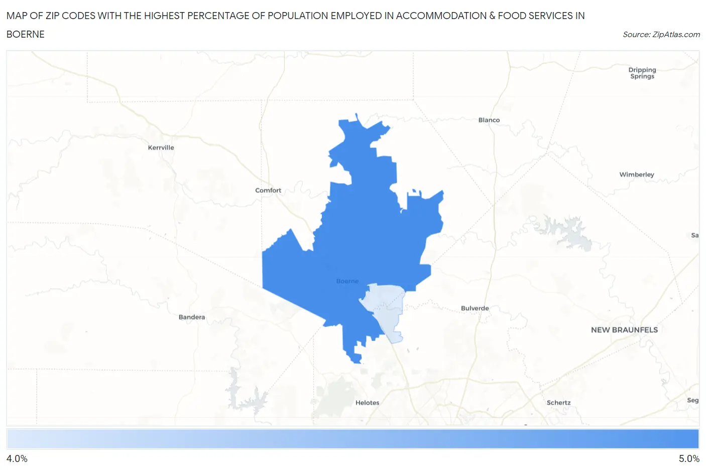 Zip Codes with the Highest Percentage of Population Employed in Accommodation & Food Services in Boerne Map