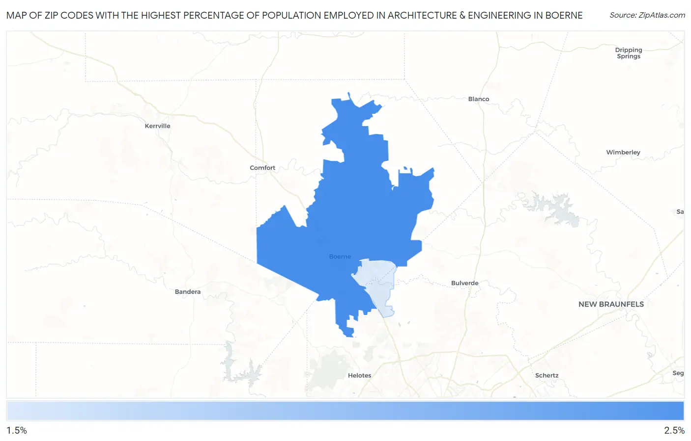 Zip Codes with the Highest Percentage of Population Employed in Architecture & Engineering in Boerne Map