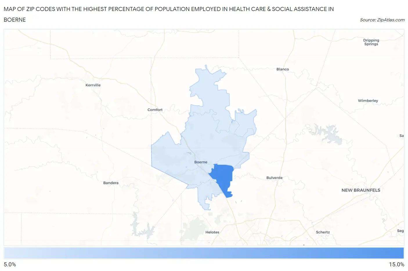 Zip Codes with the Highest Percentage of Population Employed in Health Care & Social Assistance in Boerne Map