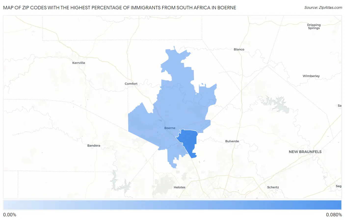 Zip Codes with the Highest Percentage of Immigrants from South Africa in Boerne Map