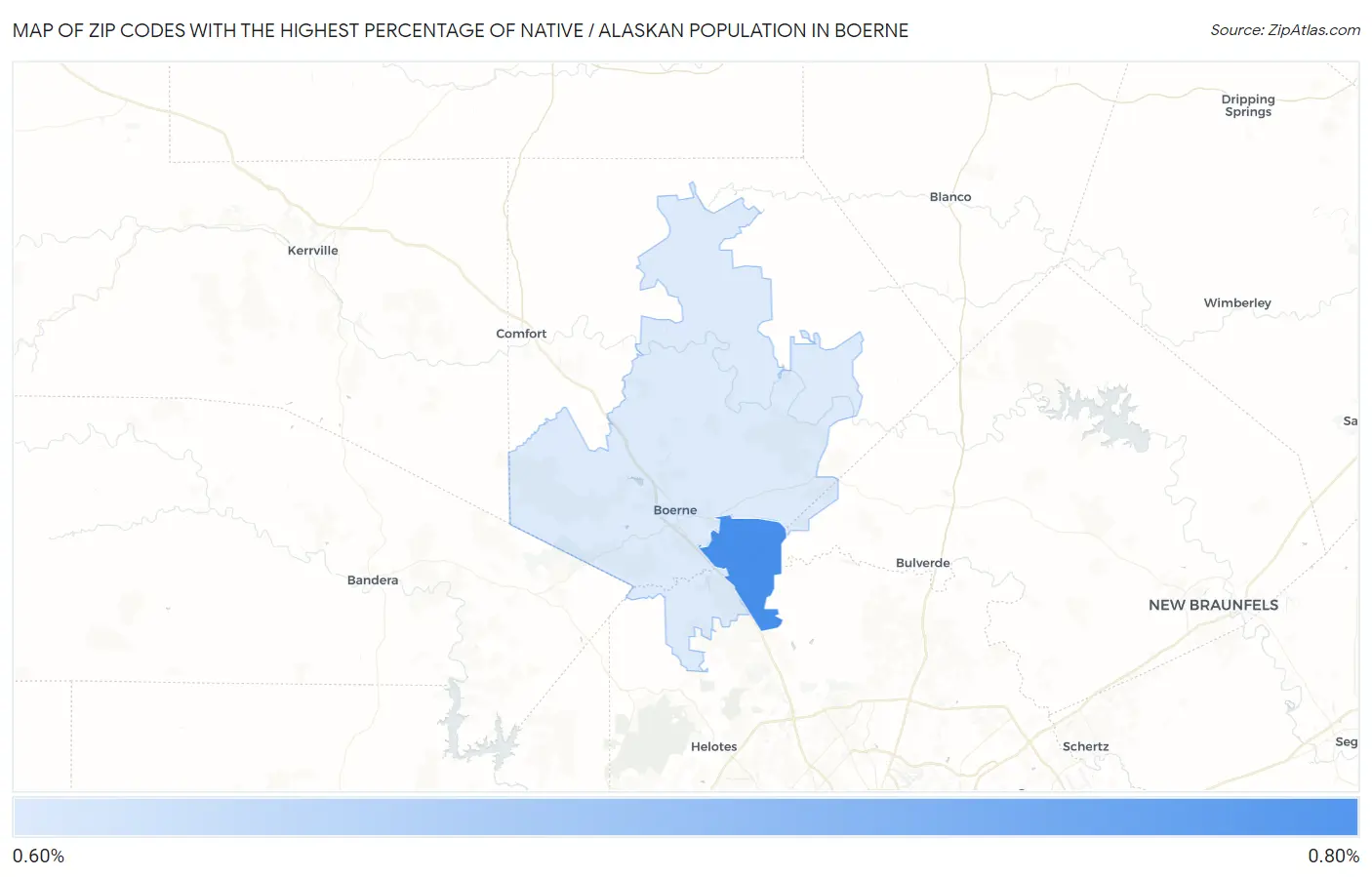 Zip Codes with the Highest Percentage of Native / Alaskan Population in Boerne Map