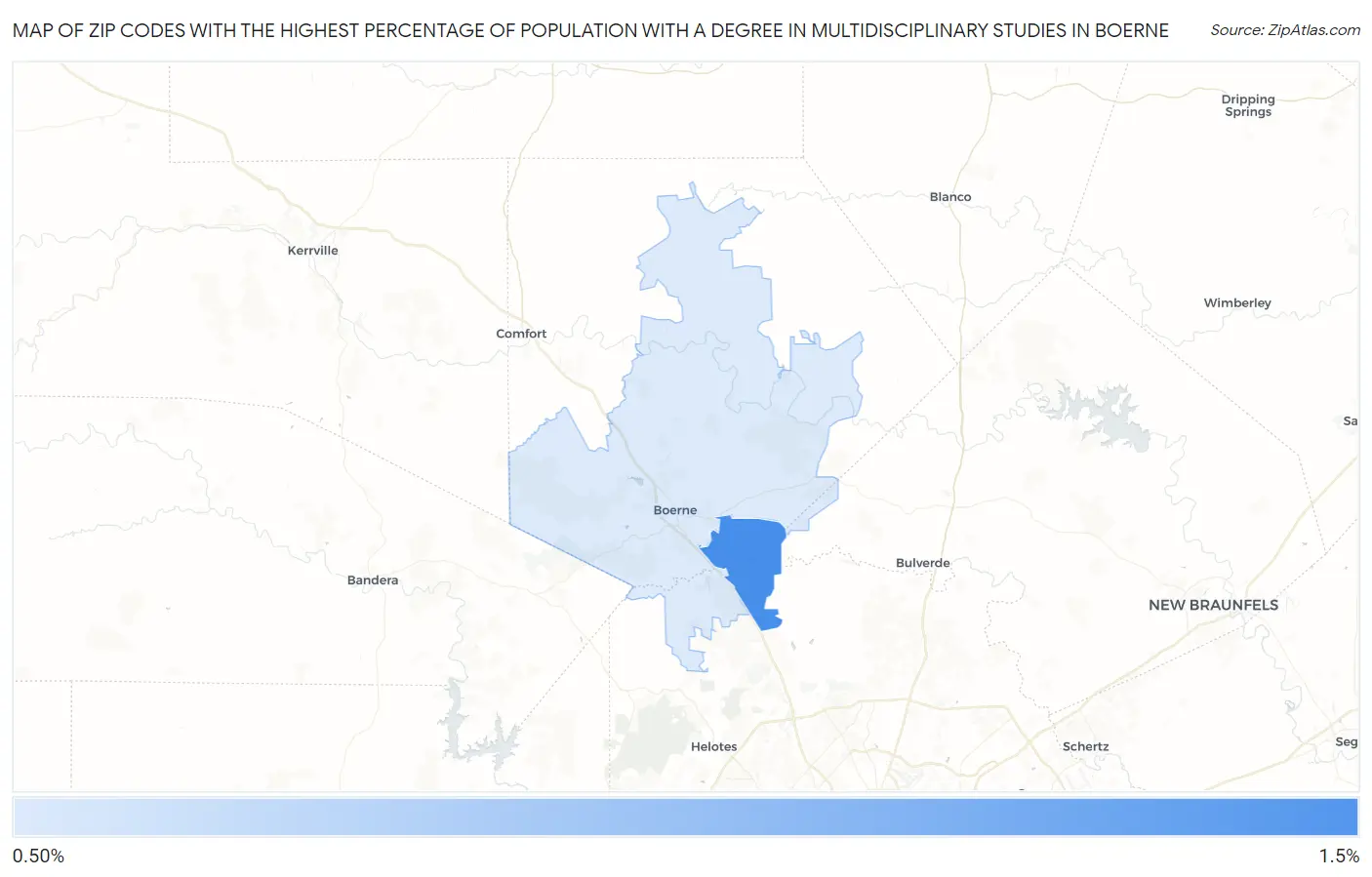 Zip Codes with the Highest Percentage of Population with a Degree in Multidisciplinary Studies in Boerne Map