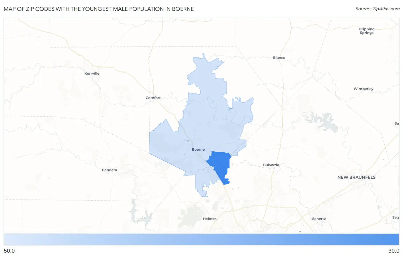 Zip Codes with the Youngest Male Population in Boerne Map