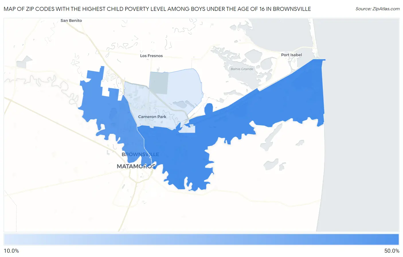 Zip Codes with the Highest Child Poverty Level Among Boys Under the Age of 16 in Brownsville Map