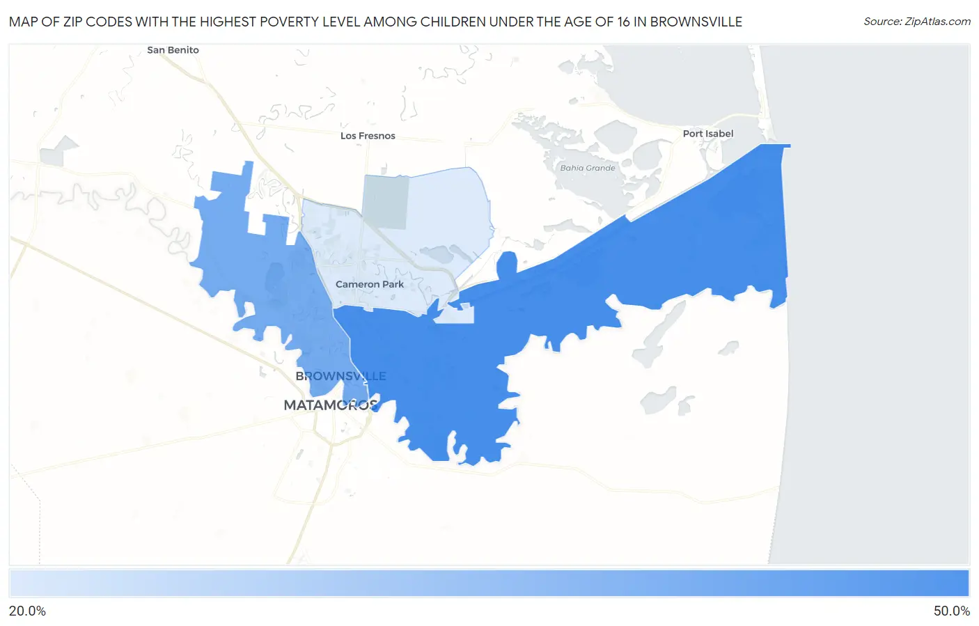 Zip Codes with the Highest Poverty Level Among Children Under the Age of 16 in Brownsville Map