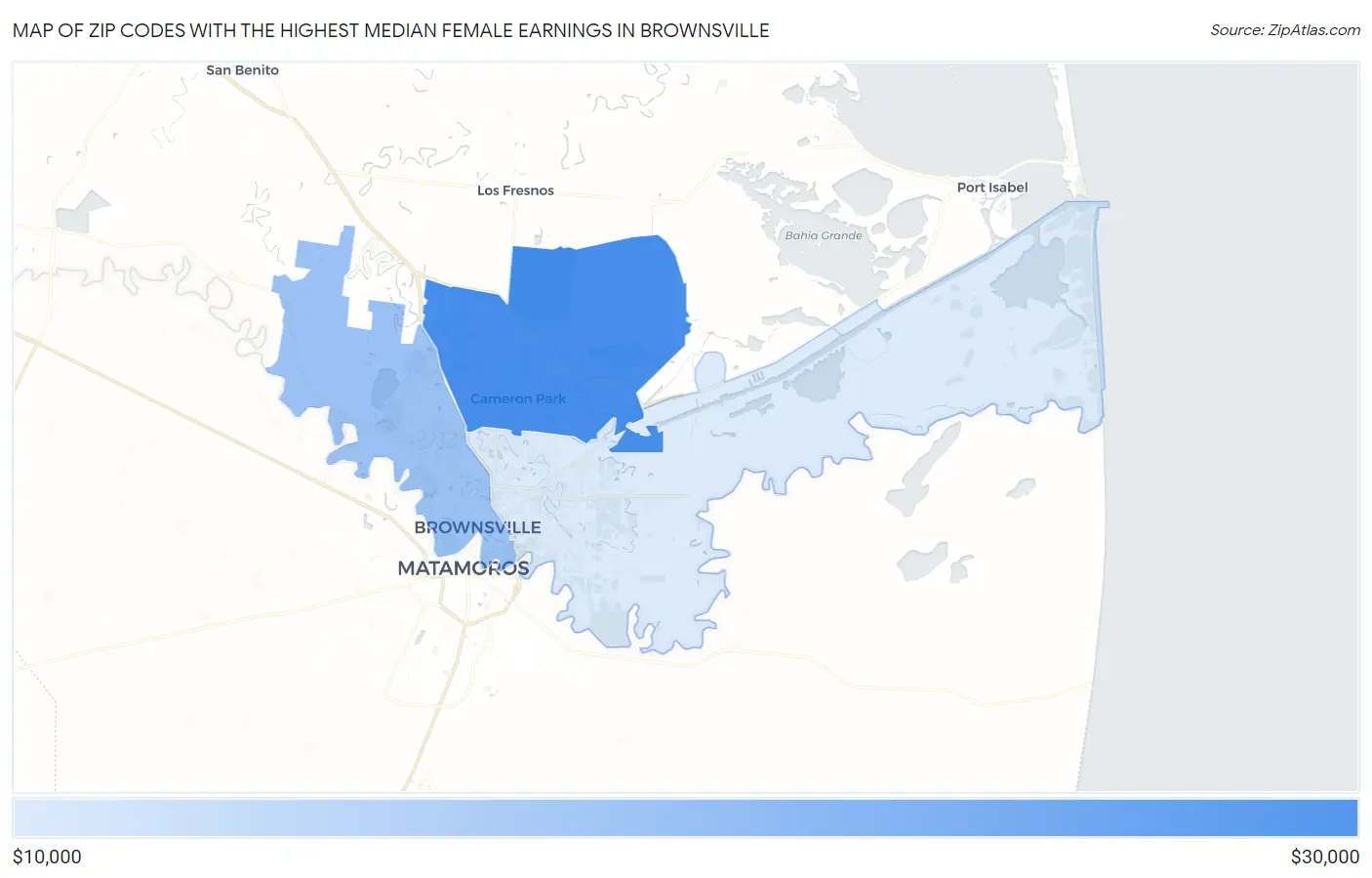 Zip Codes with the Highest Median Female Earnings in Brownsville Map
